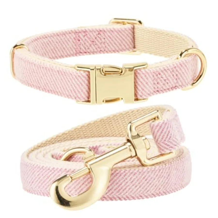 Luxury Soft Cotton Tweed Fabric Dog Collar and Leash Set with Gold Buckle.  Durable Fabric and  Stylish Design for Everyday Walks.