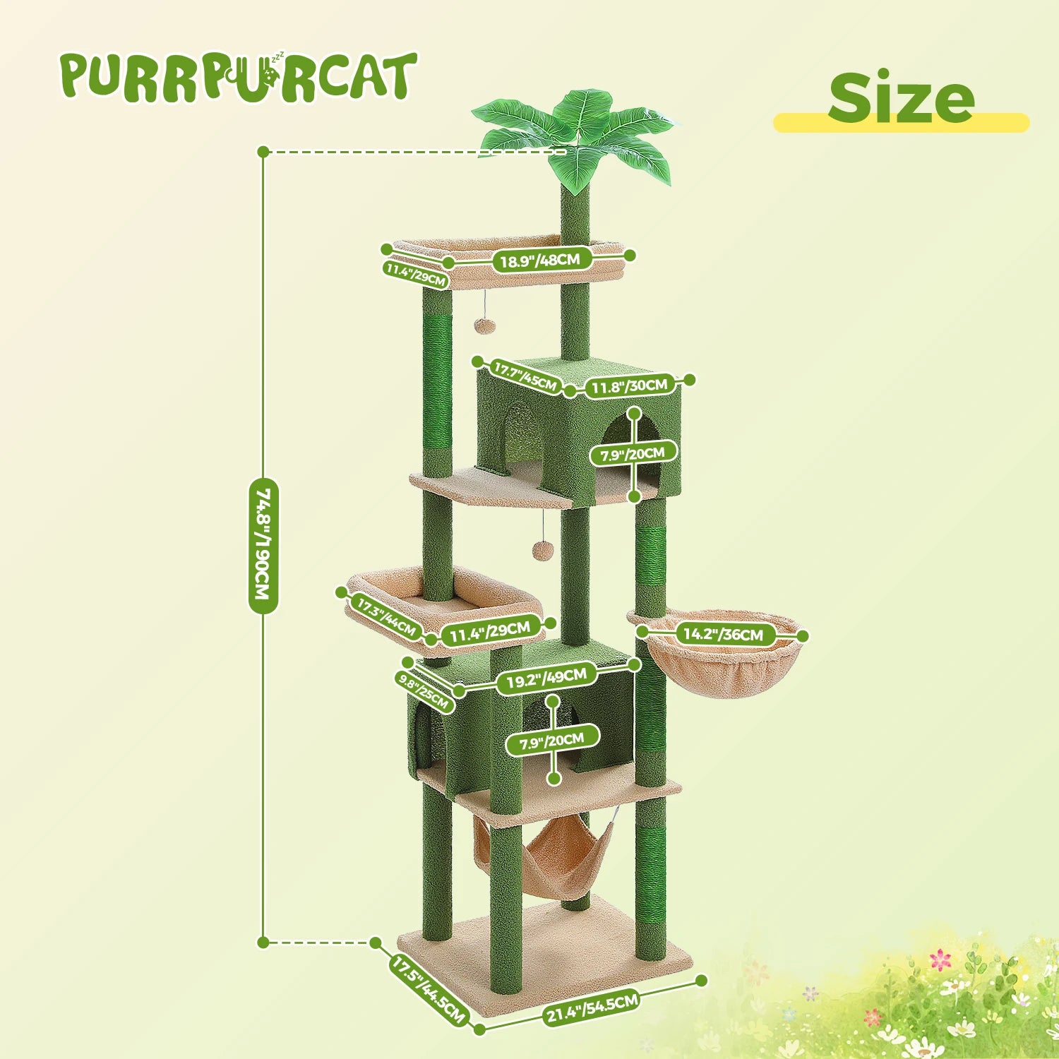 Tall Cat Tree Tower with Hammock, Condo House, Scratching Posts, Perch, Furniture and Cat Toys for Indoor Cats.