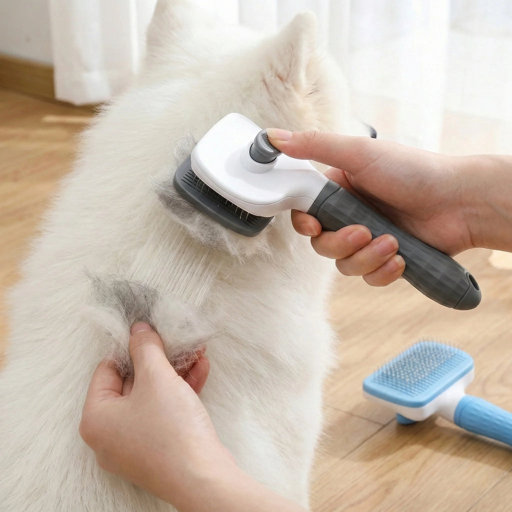 One-Step Clean Pet Grooming Brush.  Gentle Hair Remover.  Massage Tool for Dog and Cat, Long or Short Coat.