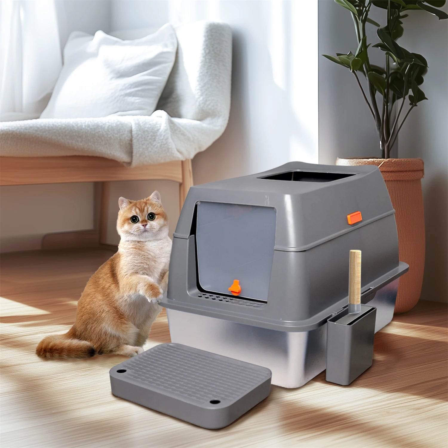 Enclosed Stainless Steel Cat Litter Box with Lid Extra Large for Big Cats.