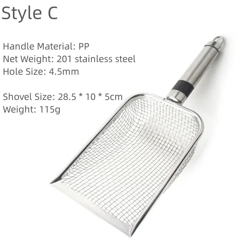 Pet Cat Waste Shovel with a Long Handle.  Shovel is Stainless Steel Metal and the Litter Filter.