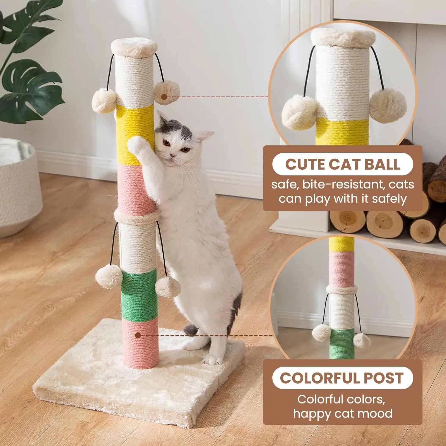 Scratching Post 30 Inch High with 4 Plush Teasing Toy Balls, Natural Sisal Rope Post and Thickened Base.