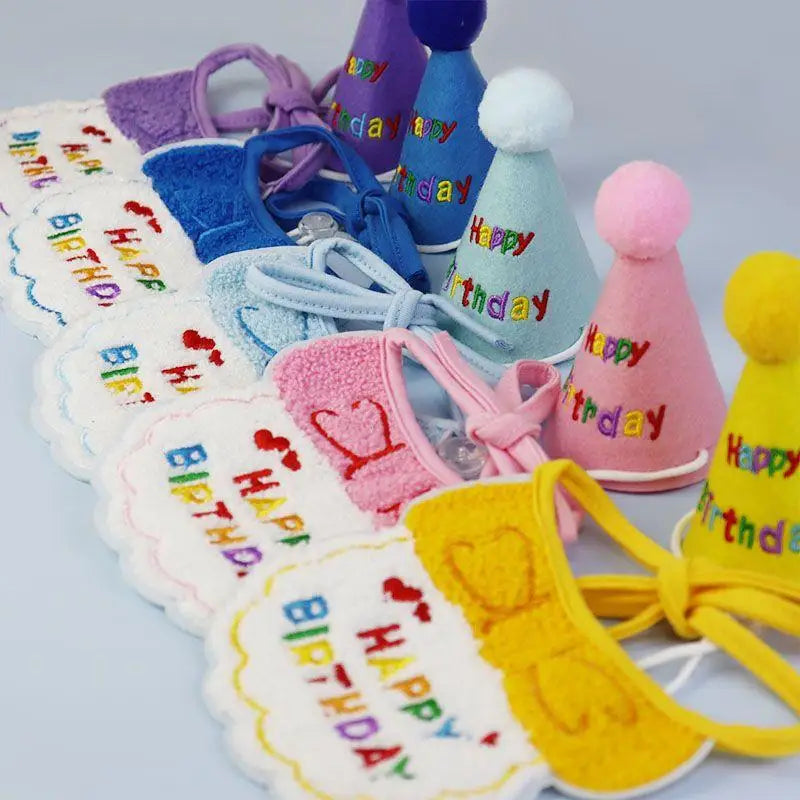 Pet Birthday Outfit for Cats and Dogs are a Birthday Bib and Party Hat.   The Bib is an Adjustable Bandana Scarf for Small Dogs, Puppies and Cats.
