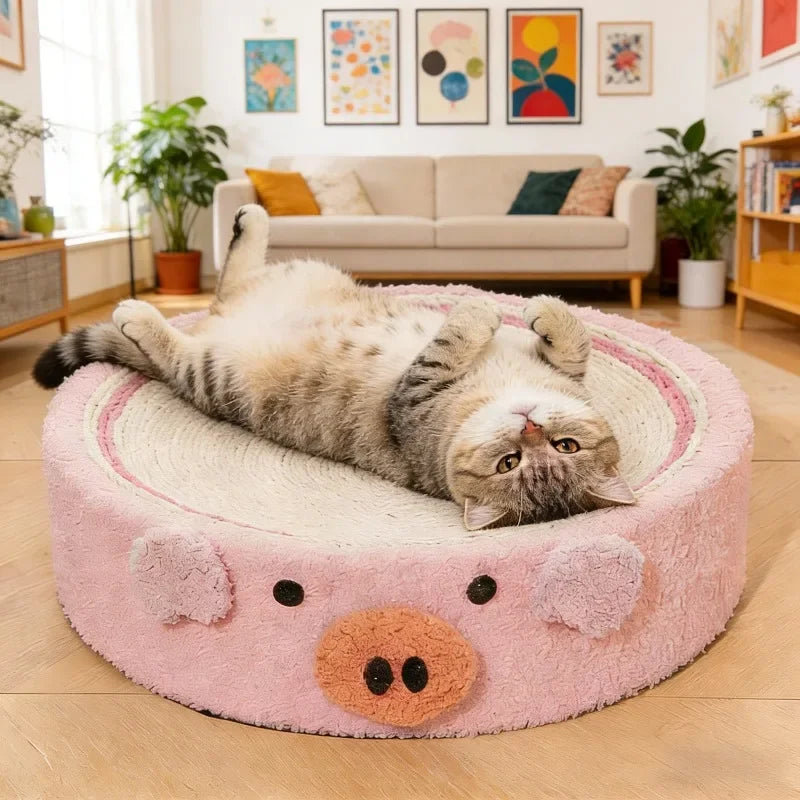 Cute Cartoon Cat Scratcher Bed Round Sisal Scratch Pad with Soft Plush Edge Wear-Resistant.  For Indoor Cat.