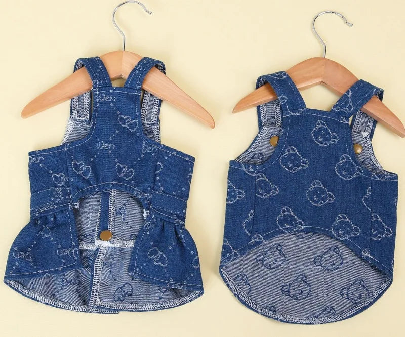 Dog Denim Dress or Dark Wash Jeans Vest Tutu Skirts with Leash D-ring, Summer Clothes for Small Dogs.