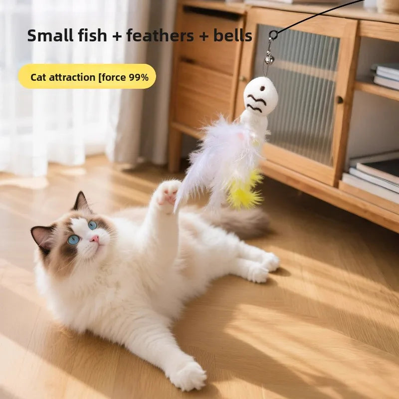 Funny Cat Stick with Steel Wire and Long Pole with Feather, Bells and Cat Teaser.