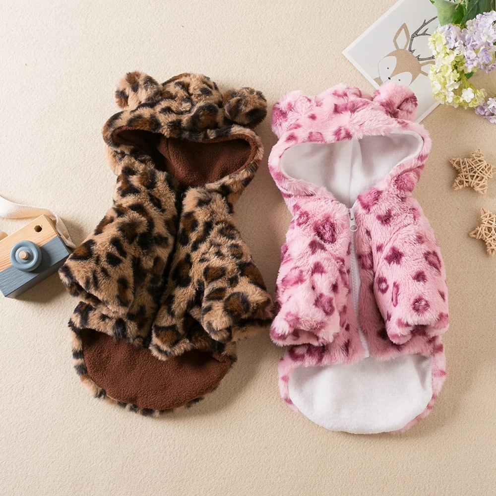 Warm Fleece Dog Hoodie,  Leopard Dog Coat for Small Medium Dogs Pet Costumes