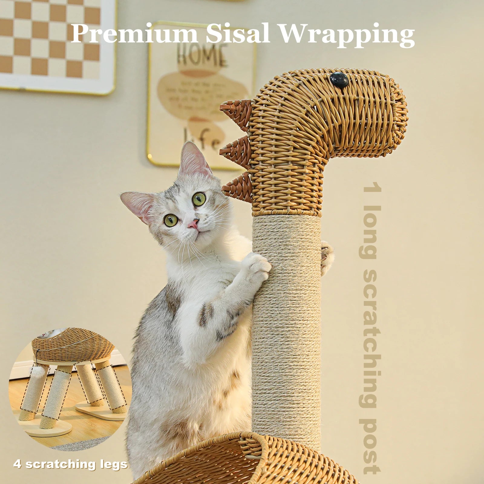 Dinosaur Cat Tree Tower with Sisal Scratching Post.  Large Rattan Cat Condo has Indoor Wicker Cat Bed with Removable Mat and Cat Toys.
Cats up to 20 lbs.