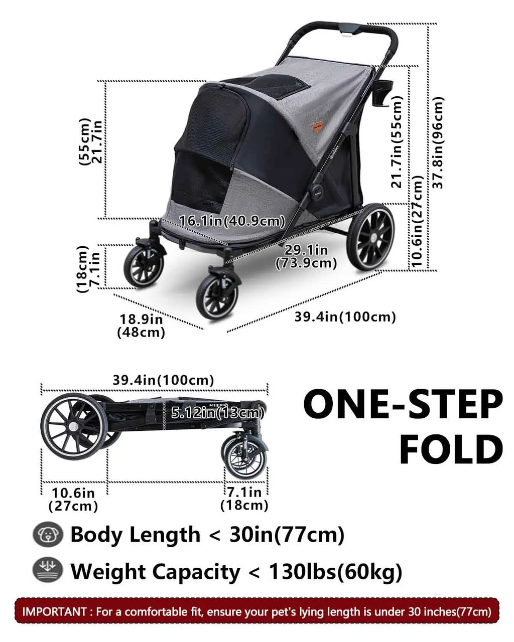 All-Terrain Pet Walking Stroller. Wear-Resistant Rubber Wheels, Air Mesh, Foldable Pet Stroller for Large Dogs & Cats up to 130 lb.