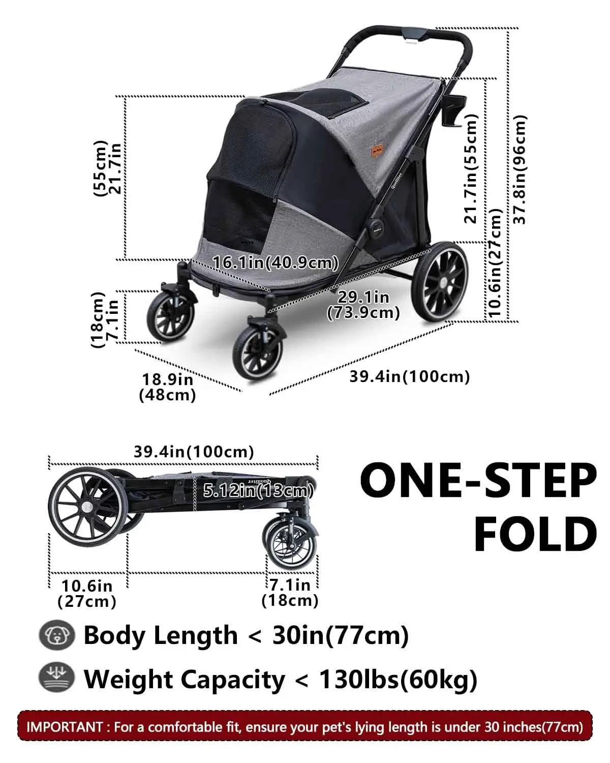 All-Terrain Pet Walking Stroller. Wear-Resistant Rubber Wheels, Air Mesh, Foldable Pet Stroller for Large Dogs & Cats up to 130 lb.