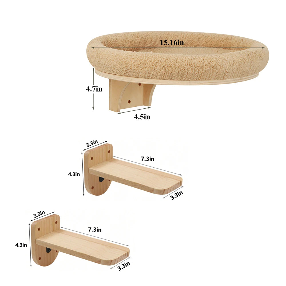Cat Wall Mounted Wooden Climbing Ladder and Cat Hammock(extra) with Scratching Post and Perches.