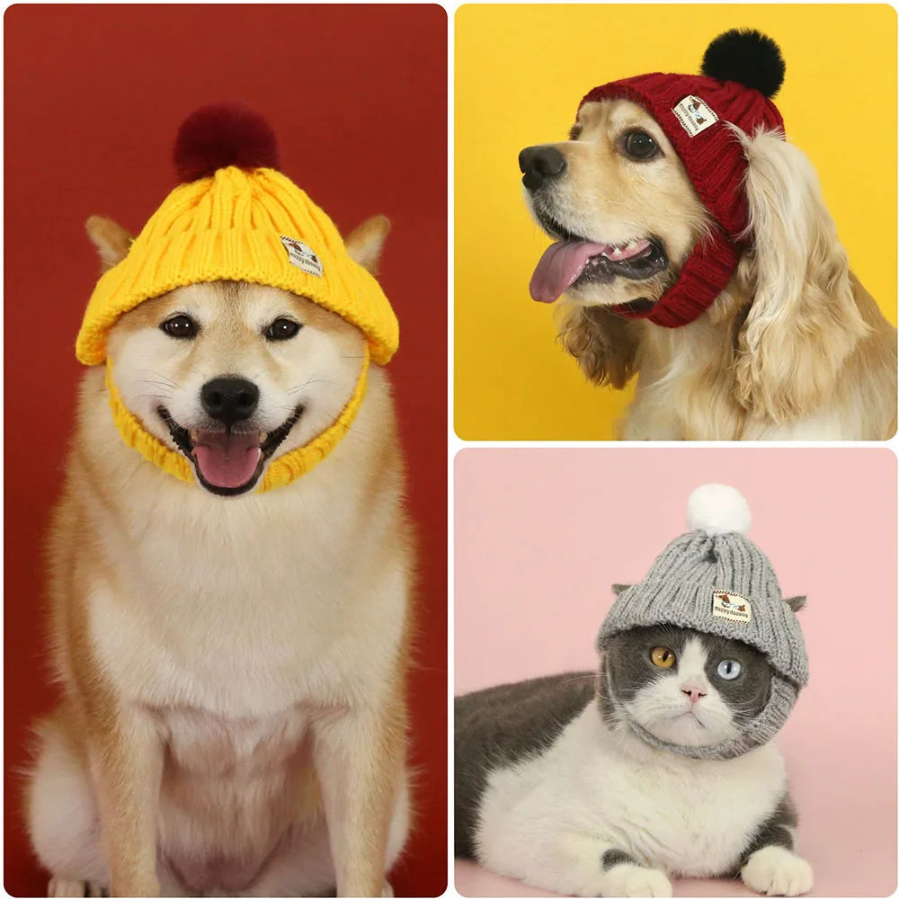Winter Knitted Dog Hat with Plush Ball and Windproof.