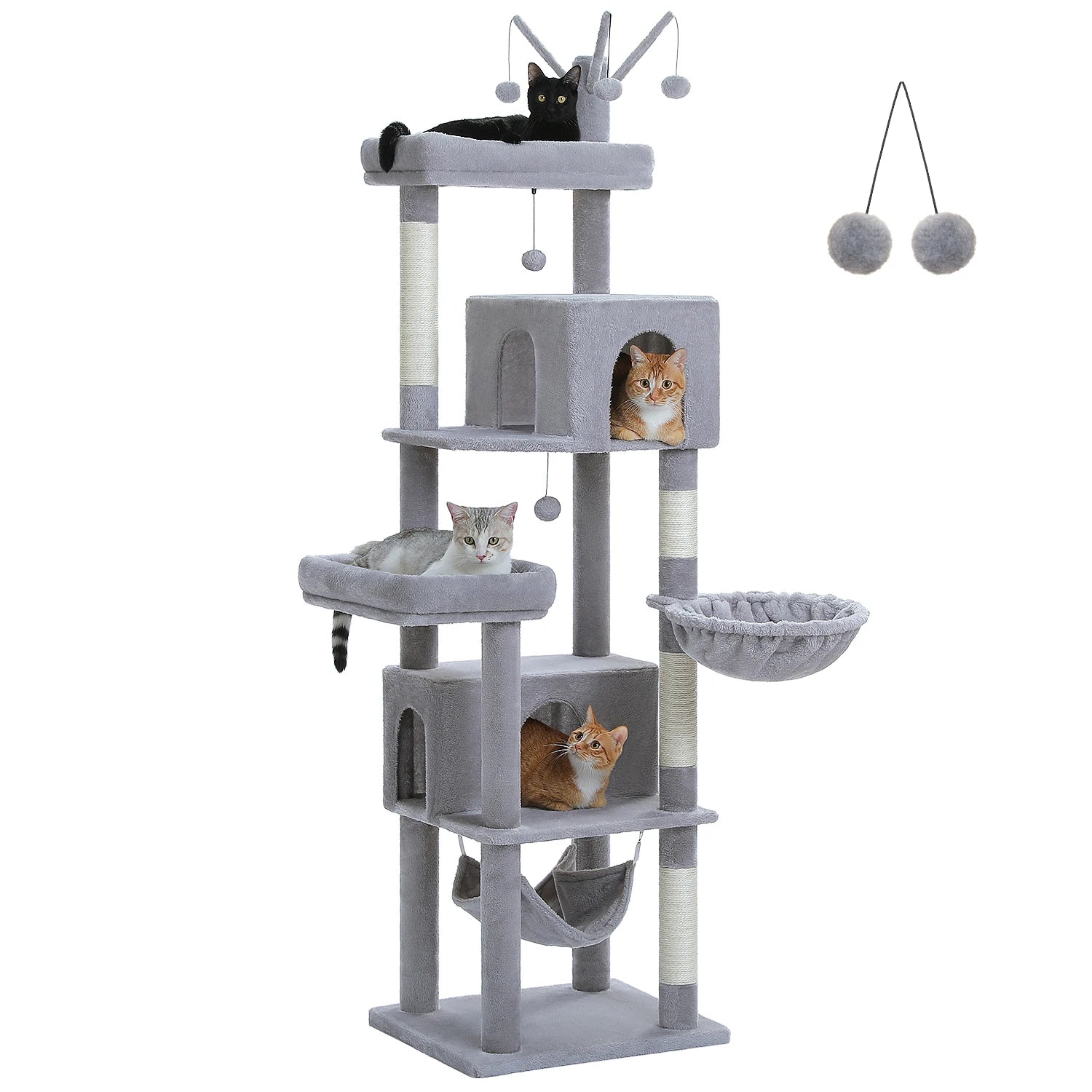 Tall Cat Tree Tower with Hammock, Condo House, Scratching Posts, Perch, Furniture and Cat Toys for Indoor Cats.