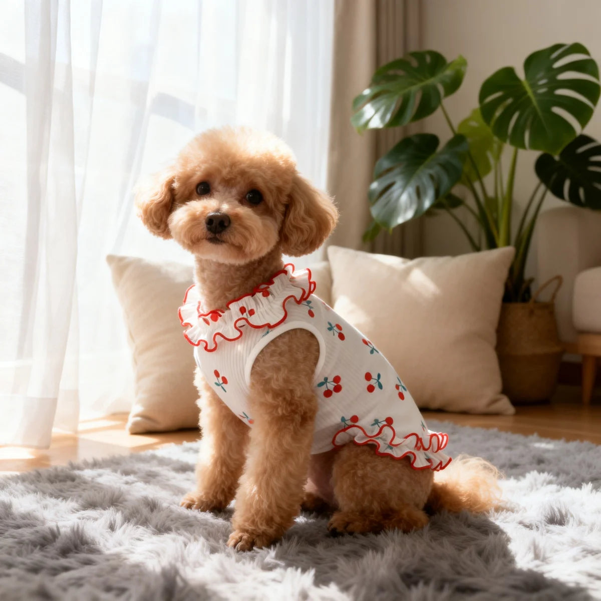 1Piece Cute Cherry Ruffle Dress for Small Dogs, Comfortable Anti-Static Dog Skirt for Summer.