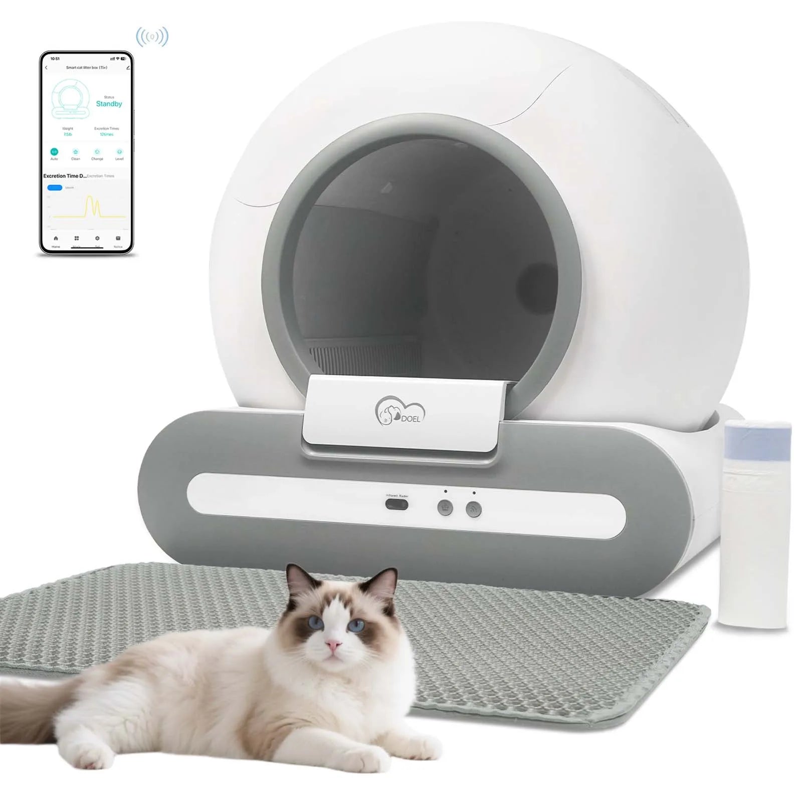 65L Self-Cleaning Cat Litter Box.  Only Supports 2.4G Wi-Fi.  Comes with Litter Mat & Trash Bags.