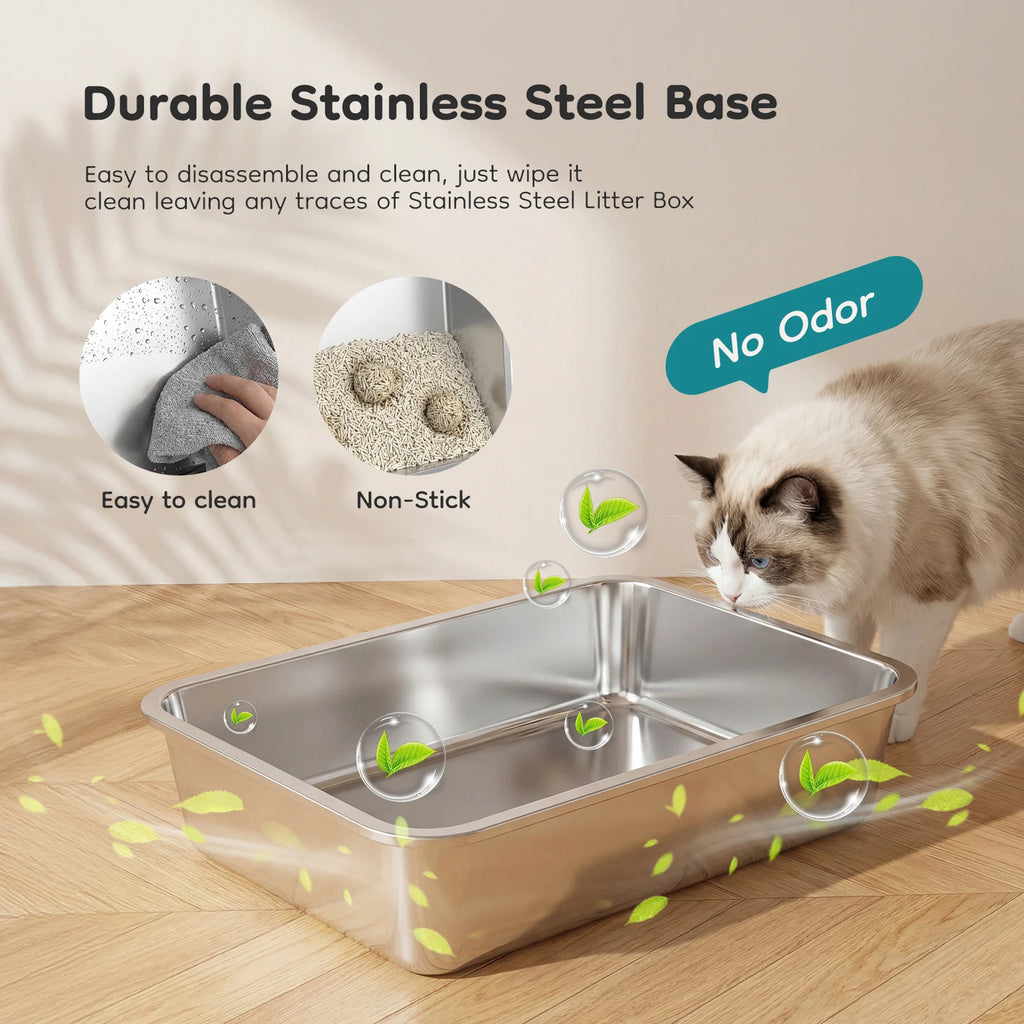24 IN Stainless Steel Cat Litter Box with Fully Enclosed 30 L Large Cat Litter Box.  Scoop and Mat Included.