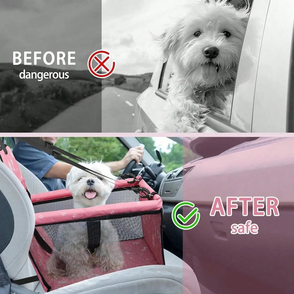 Pet Car Booster Seat is Foldable, Waterproof,  Breathable Oxford Travel Bag for Small to Medium Dogs and Puppies.