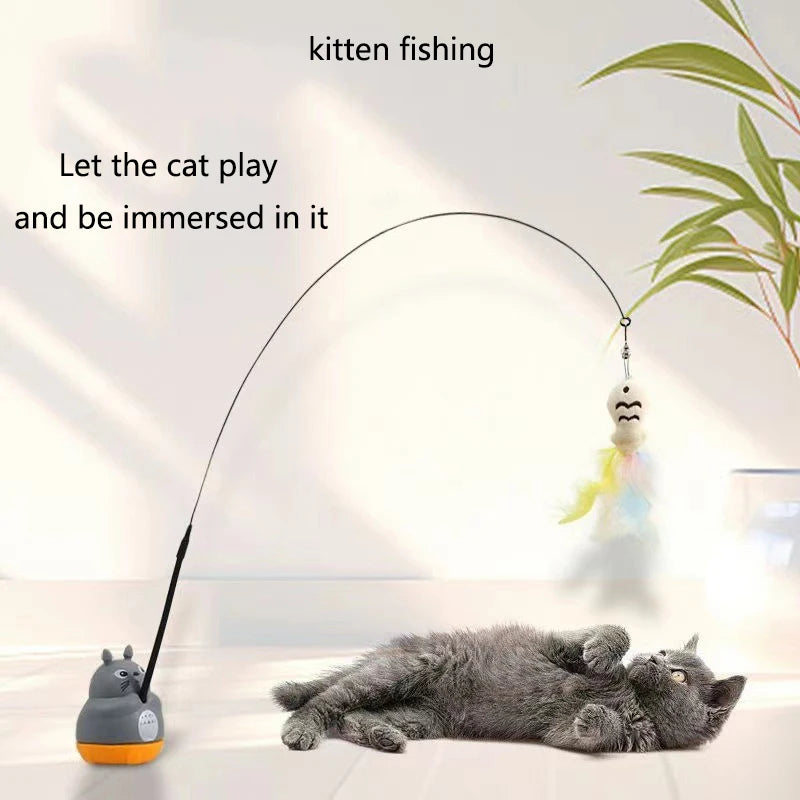 Long Steel Wire Cat Stick with Feathers with a Rotatable Base Unit.