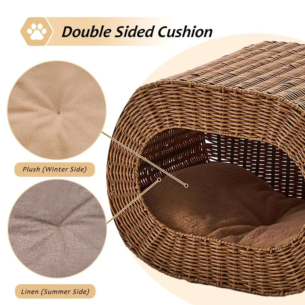 Cat House, Handwoven Cat Cave Pet Cube.  Rattan Cat Beds Indoor Kitten House with Double-Sided Soft Cushions,