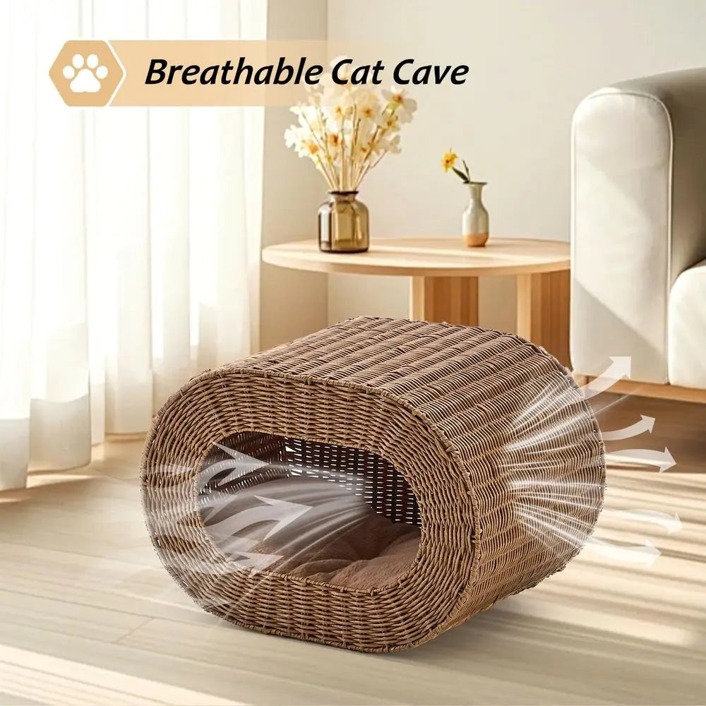 Cat House, Handwoven Cat Cave Pet Cube.  Rattan Cat Beds Indoor Kitten House with Double-Sided Soft Cushions,