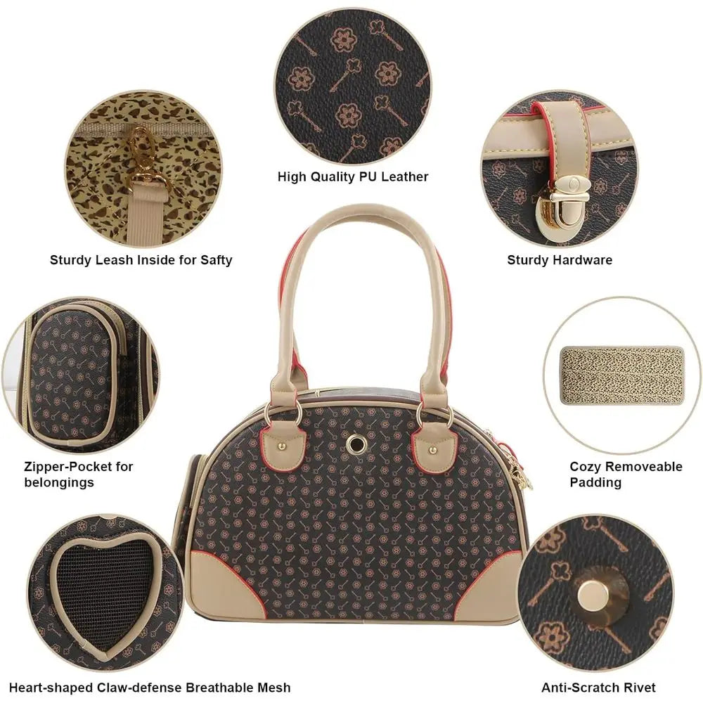 Fashion Dog Carrier PU Leather Dog Handbag.  Extra Small  Dog Purse,  Cat Tote.  Brown, Small 38 * 23 * 17cm.