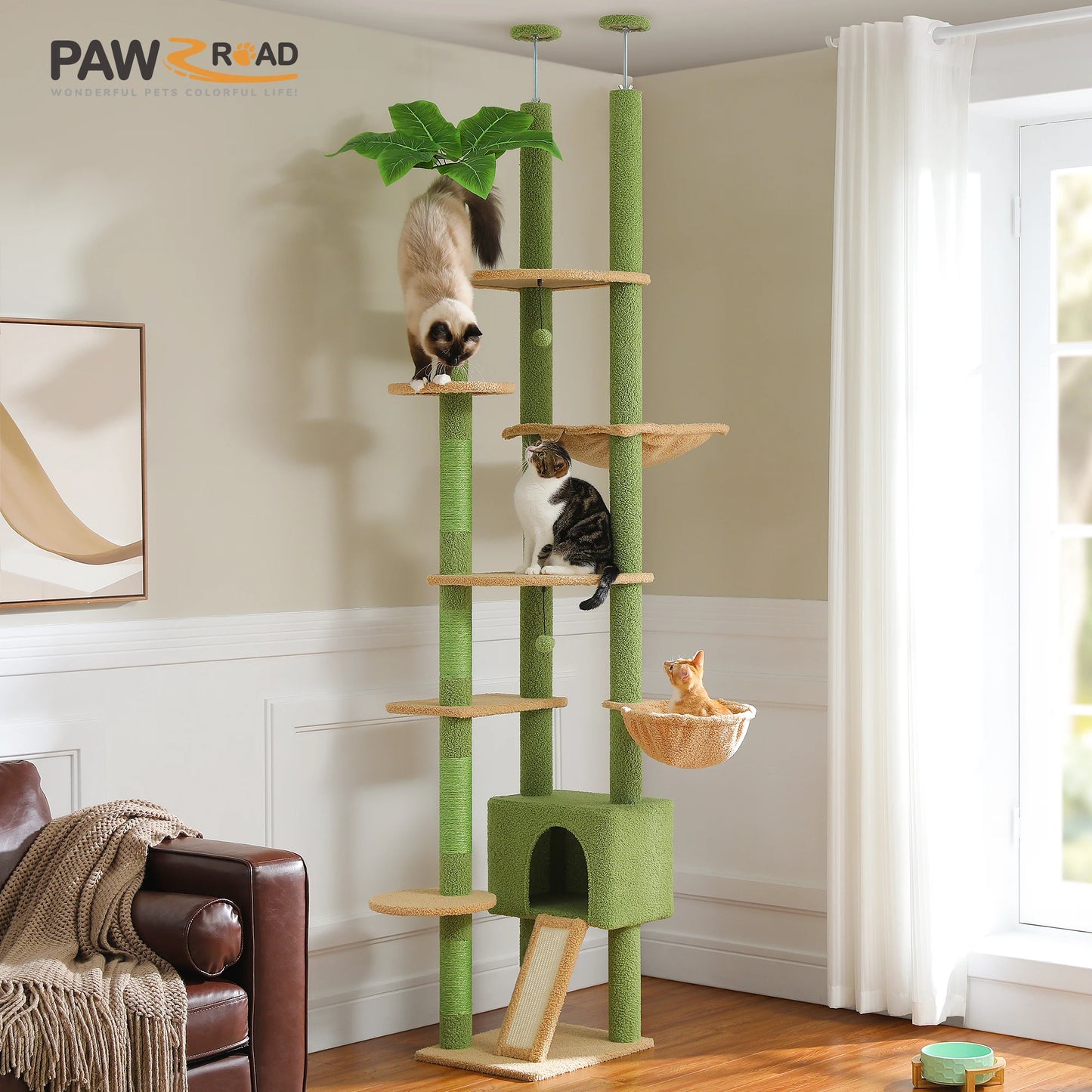 Floor to Ceiling Cat Tree with Scratching Posts and a Hammock for Indoor Cats with Toys.