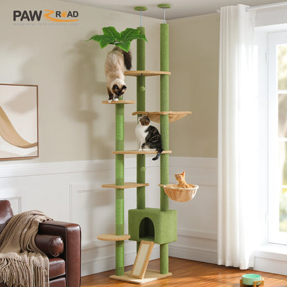 Floor to Ceiling Cat Tree with Scratching Posts and a Hammock for Indoor Cats with Toys.