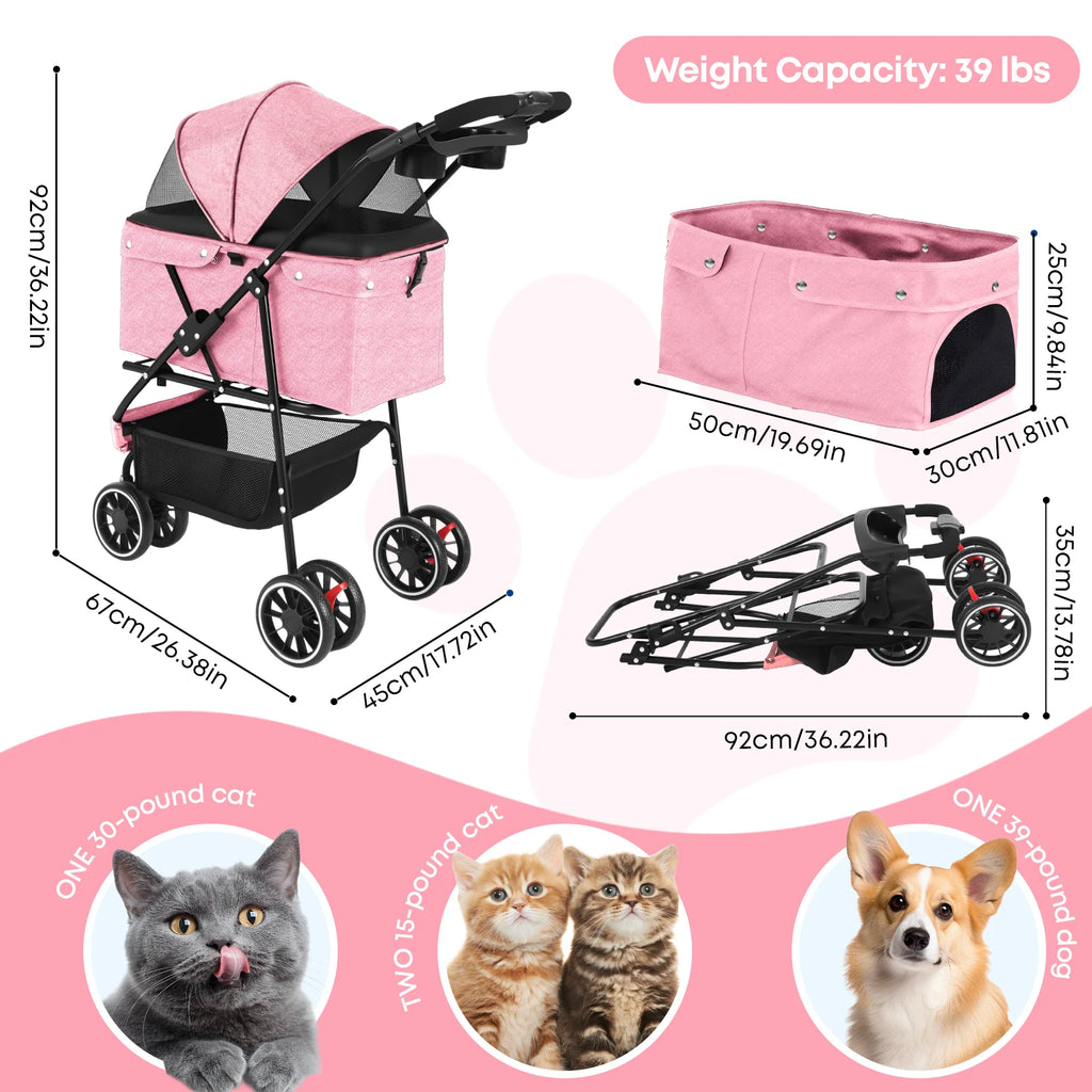 Three Wheels Pet Stroller for Puppies, Medium Dogs and Cats.