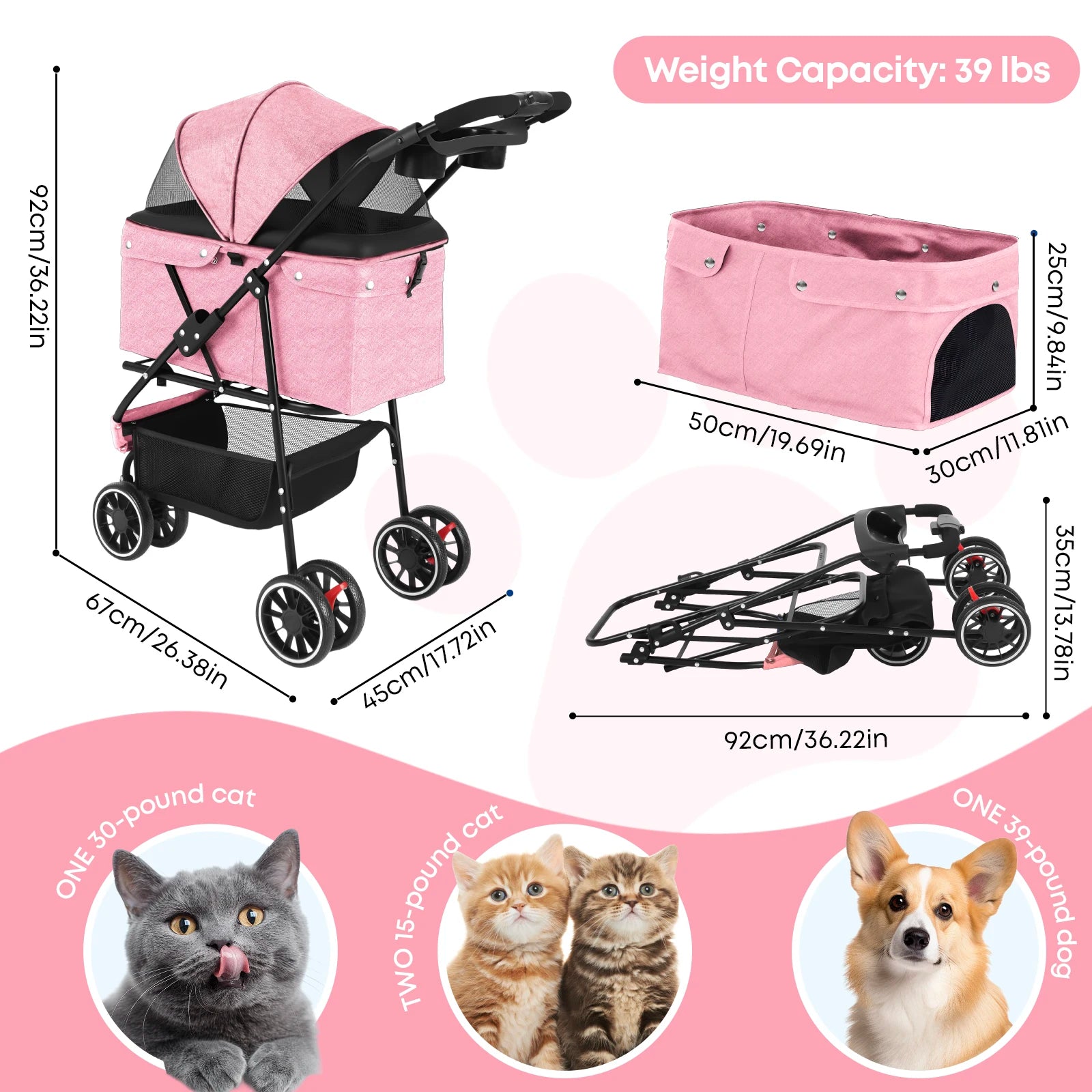Three Wheels Pet Stroller for Puppies, Medium Dogs and Cats.