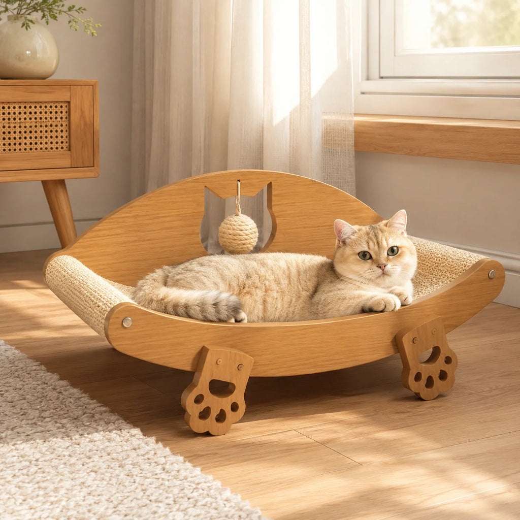 Large Sisal Cat Scratching Lounge Chair with Ball Toy, Wooden Rocking Sofa Bed for Indoor Cats to Scratch, Rest and Play.