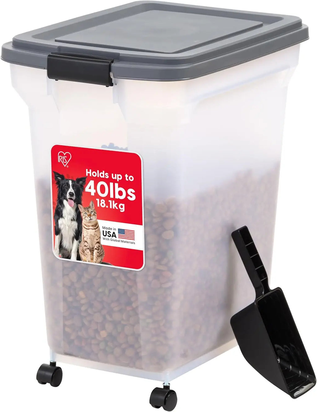 Dog Food Storage Container 40 lbs, Attachable Wheels & Scoop.