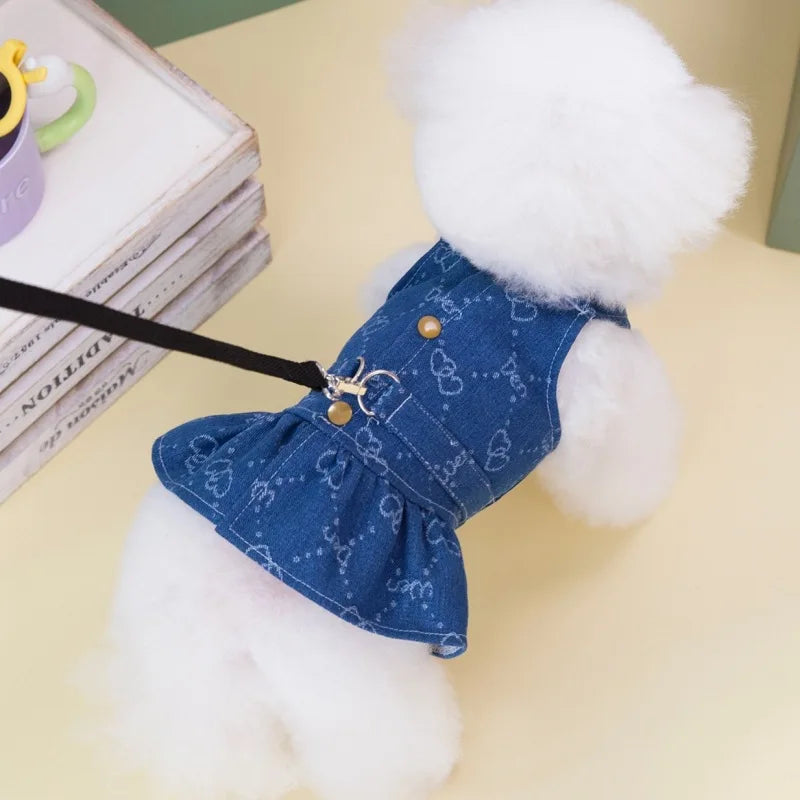Dog Denim Dress or Dark Wash Jeans Vest Tutu Skirts with Leash D-ring, Summer Clothes for Small Dogs.