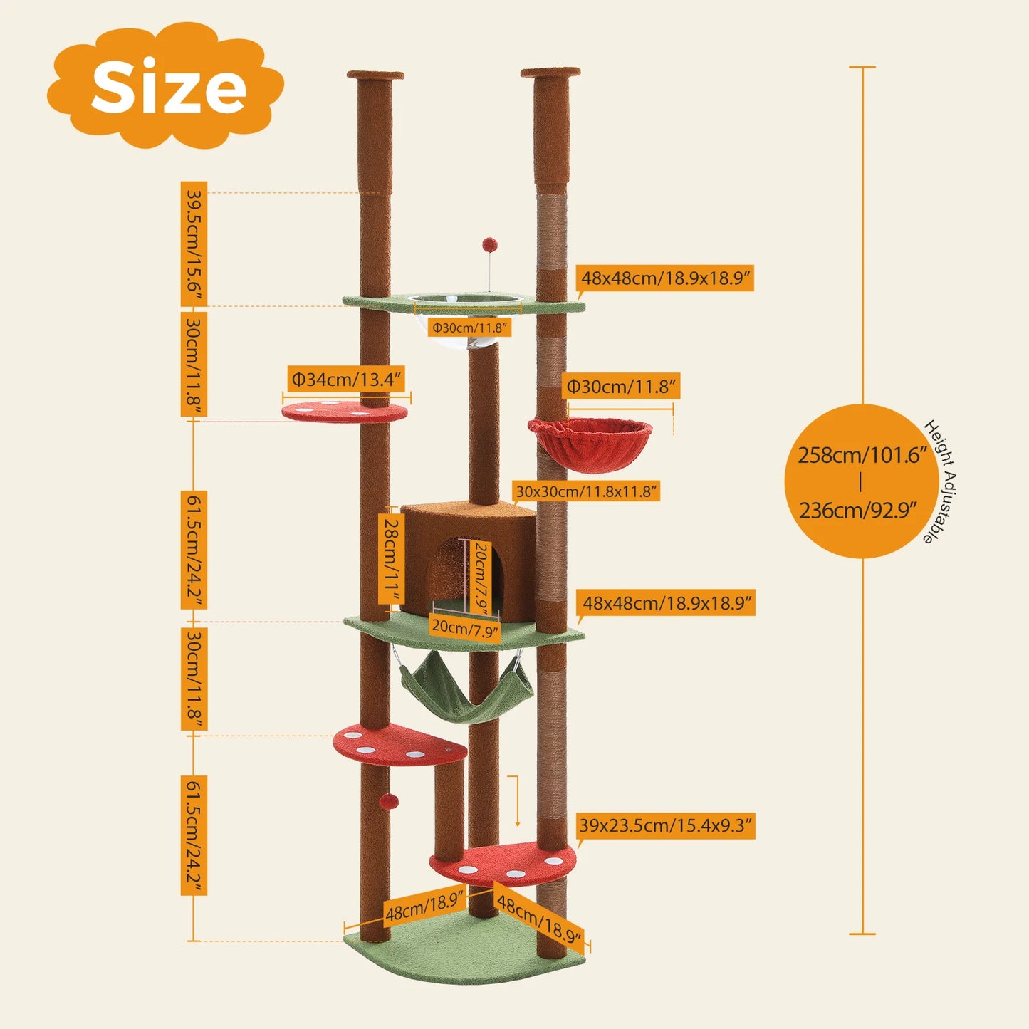 Floor to Ceiling Cat Tree with Scratching Posts and a Hammock for Indoor Cats with Toys.