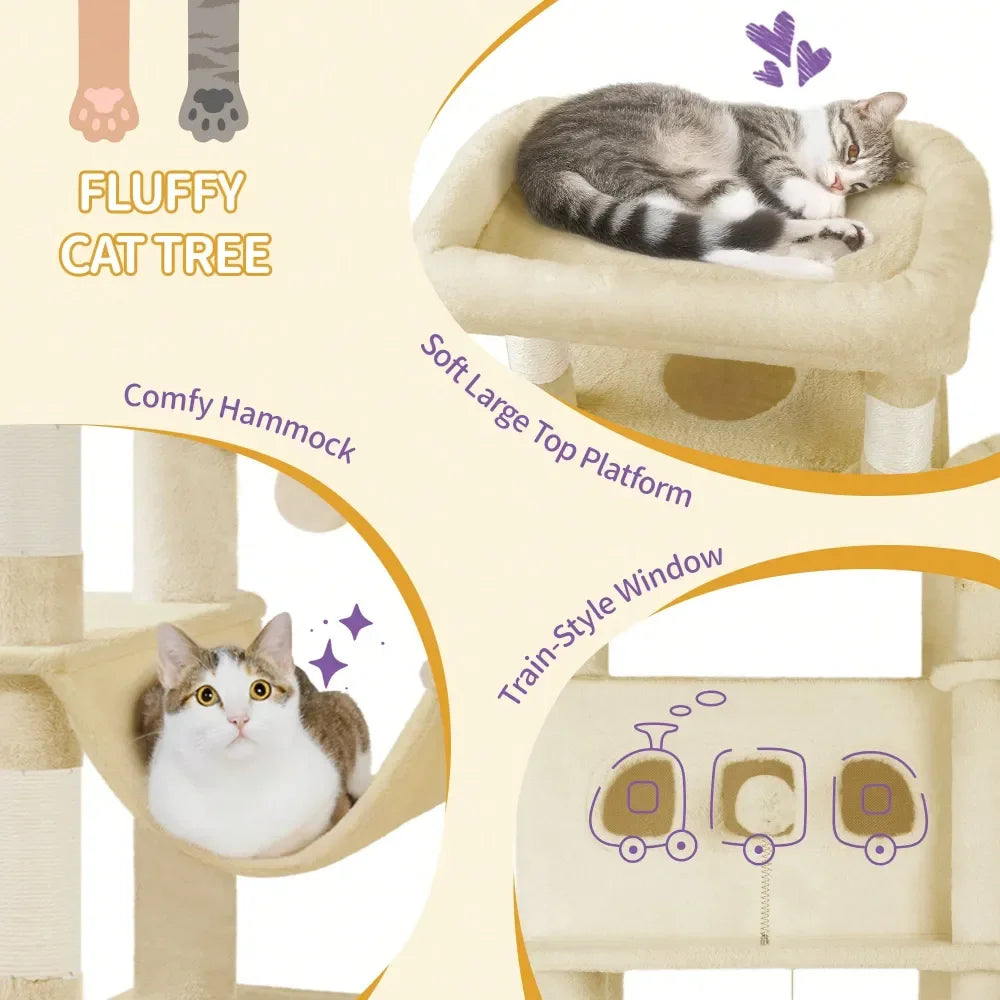 Large Tall Cat Tree Tower For Indoor Cats, Cat House Condo, with Scratching Posts Hammock, and Pom-Poms.