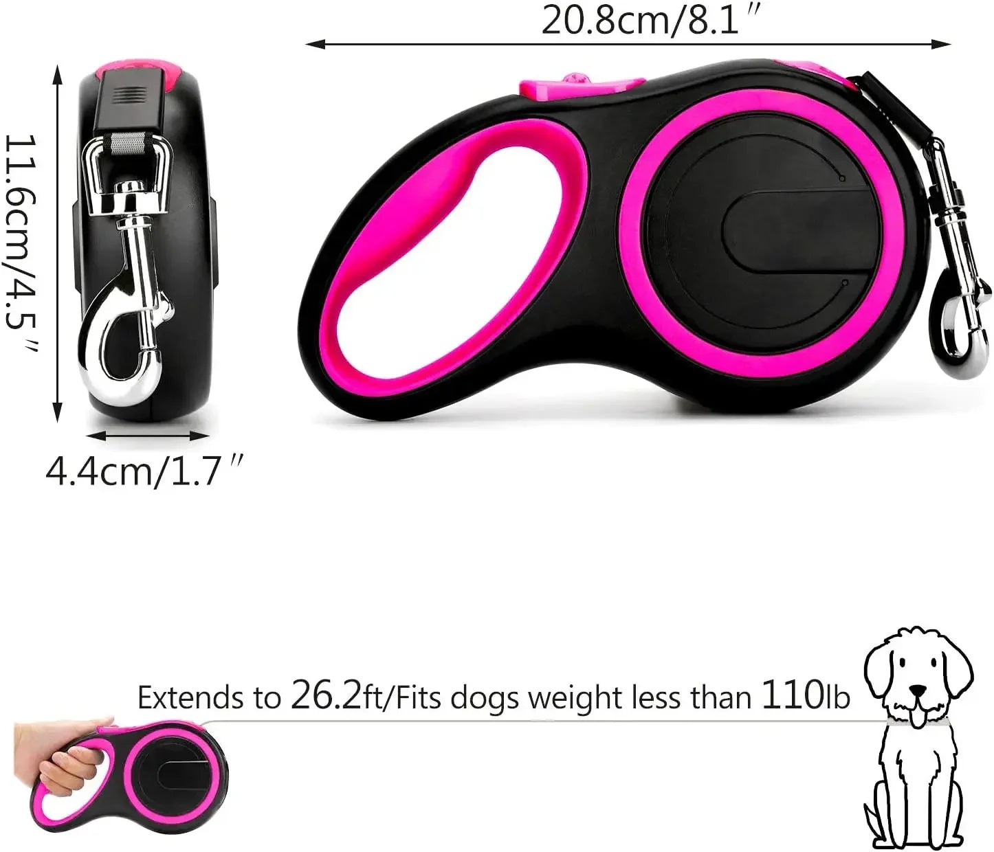 26 Ft Retractable Dog Leash For Medium and Large Dogs Up To 110 lb.  Heavy Duty Nylon Tape With One Button Brake And Lock System For Training and  Running.