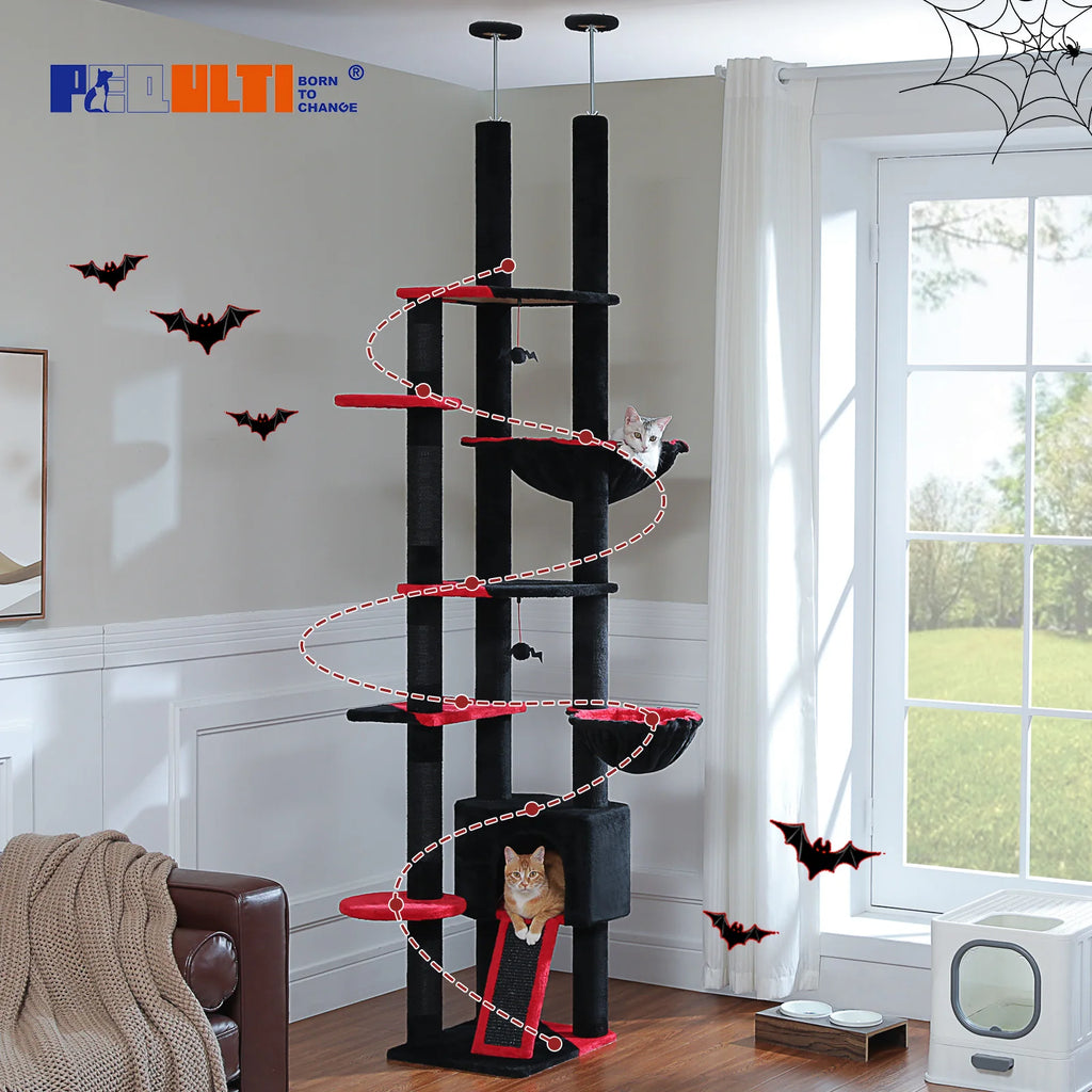 Floor to Ceiling Cat Tree with Adjustable Height, Scratching Posts, and Hammock for Indoor Cats with Toys.