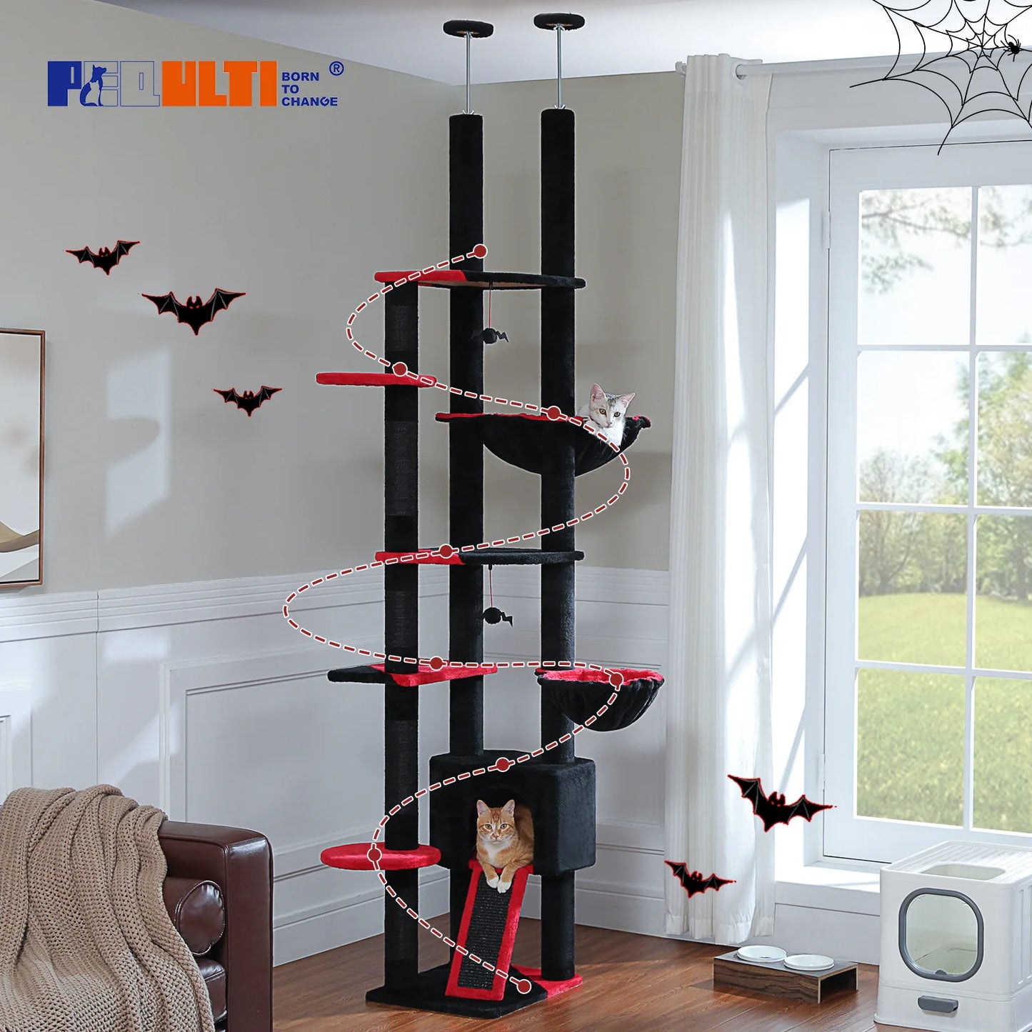 Floor to Ceiling Cat Tree with Scratching Posts and a Hammock for Indoor Cats with Toys.