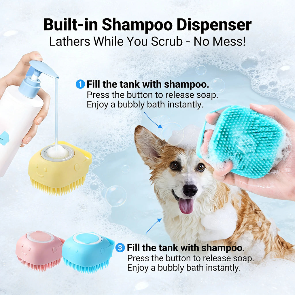 Pet Bath and Massage Brush with Shampoo Storage Silicone.