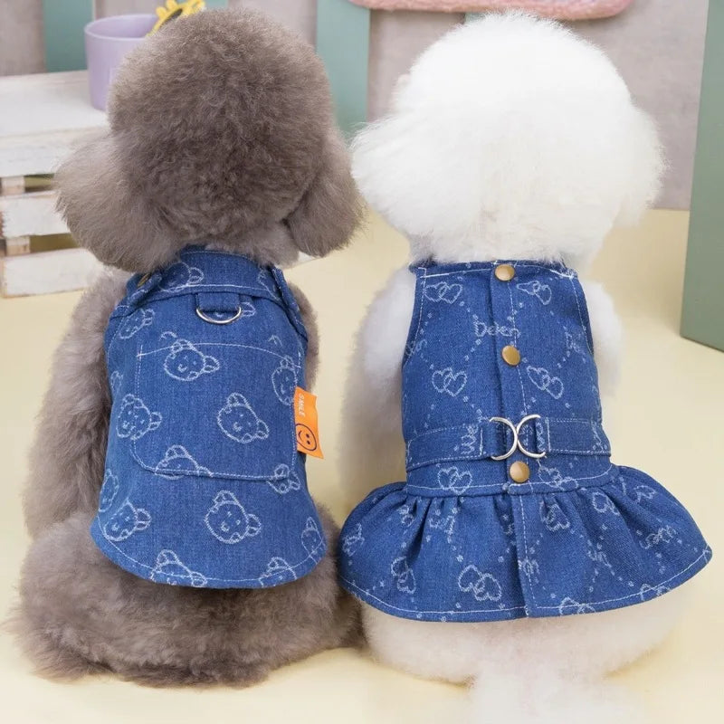 Dog Denim Dress or Dark Wash Jeans Vest Tutu Skirts with Leash D-ring, Summer Clothes for Small Dogs.
