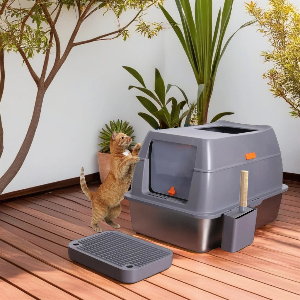 Enclosed Stainless Steel Cat Litter Box with Lid Extra Large for Big Cats.
