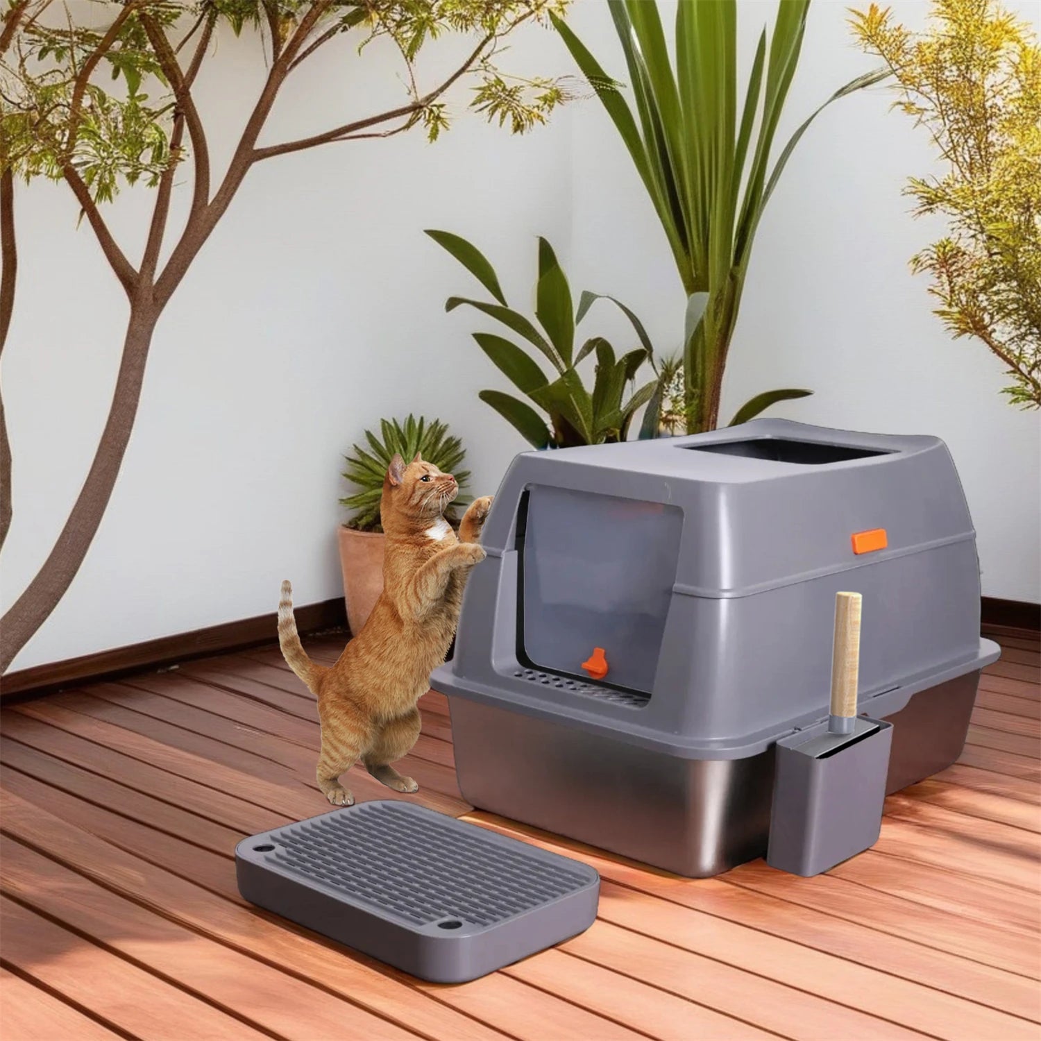 Enclosed Stainless Steel Cat Litter Box with Lid Extra Large for Big Cats.