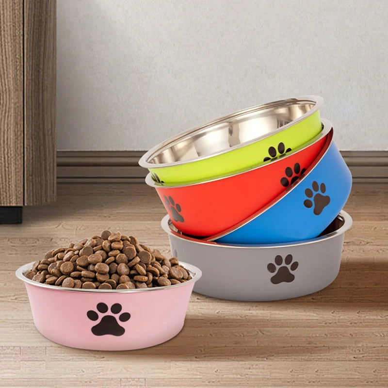 A Pet Stainless Steel Bowl  with  Paw Prints.
