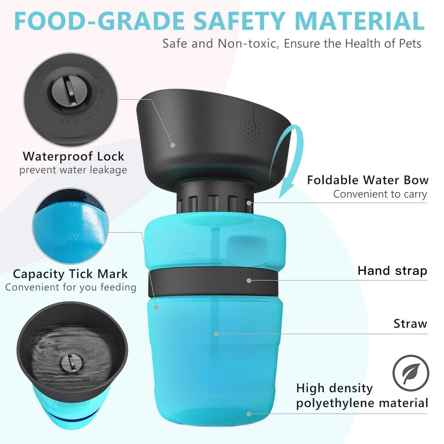 Portable Large (500 ml) Capacity Pet Outdoor Drinking Bowl.  Dog Water Bottle, Foldable Bowl, and Leak-Proof, Water Bowl.