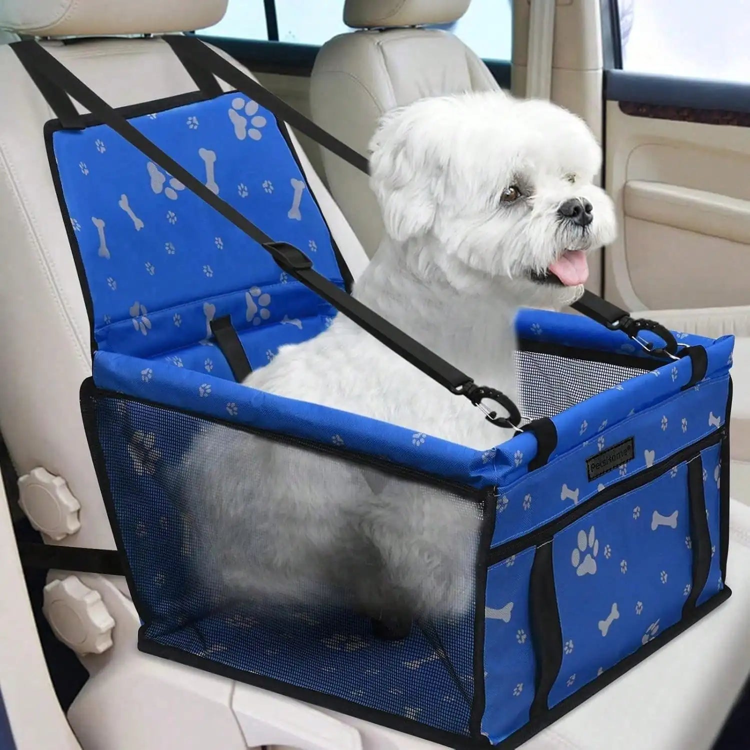 Pet Car Booster Seat is Foldable, Waterproof,  Breathable Oxford Travel Bag for Small to Medium Dogs and Puppies.