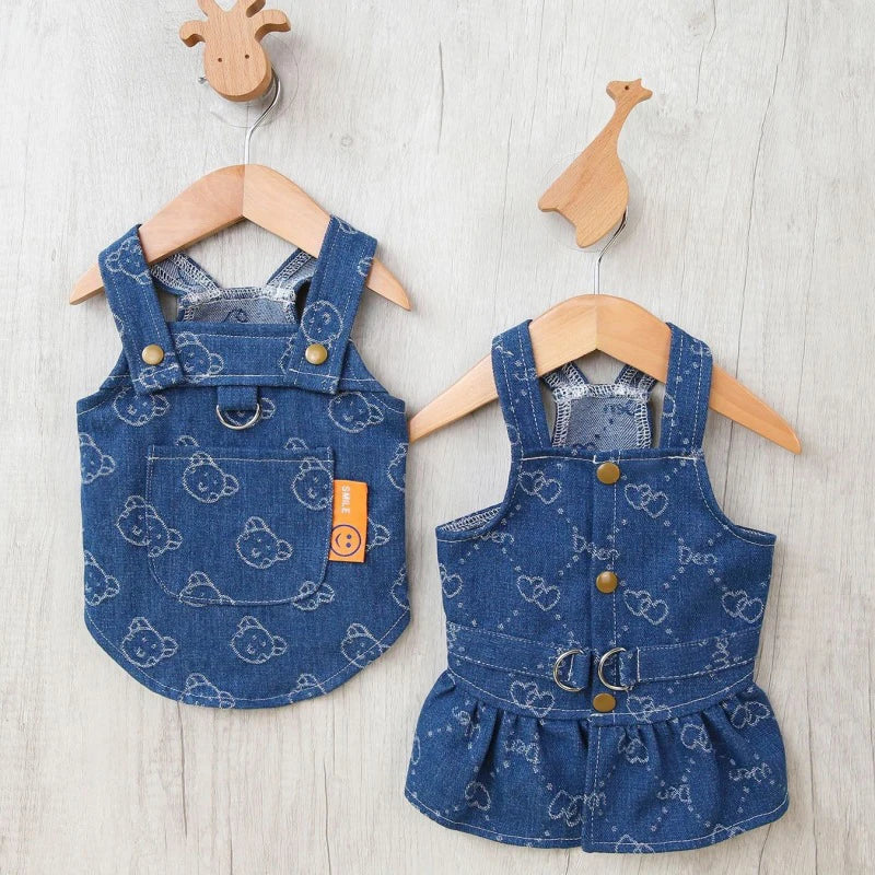Dog Denim Dress or Dark Wash Jeans Vest Tutu Skirts with Leash D-ring, Summer Clothes for Small Dogs.