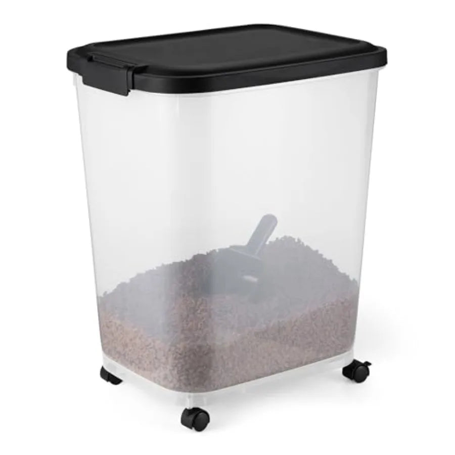 Pet Food Storage Container with Rolling Wheels, BPA-Free Plastic.  Comes with Detachable Scoop.  Capacity 50 lb.