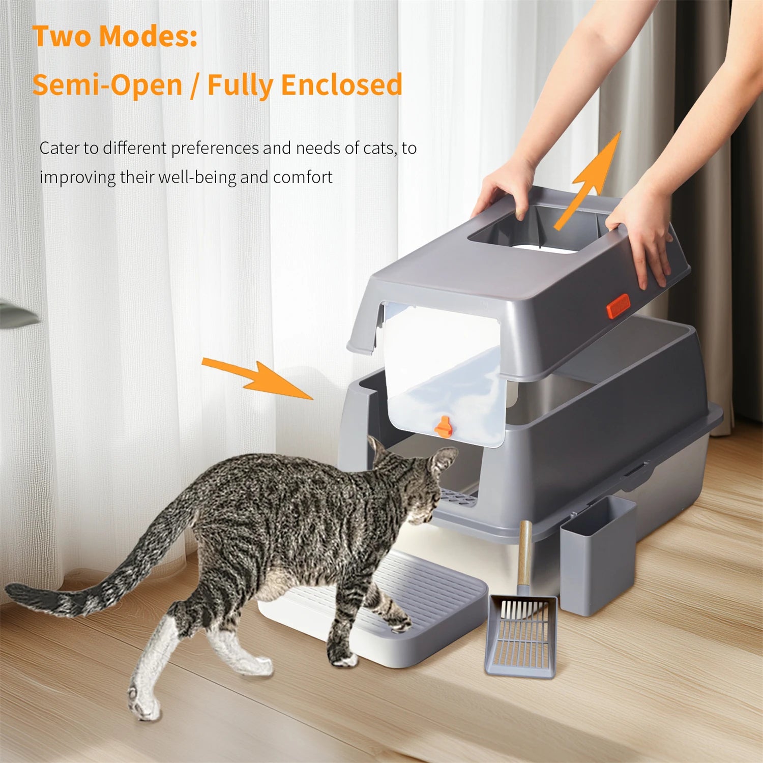 Enclosed Stainless Steel Cat Litter Box with Lid Extra Large for Big Cats.